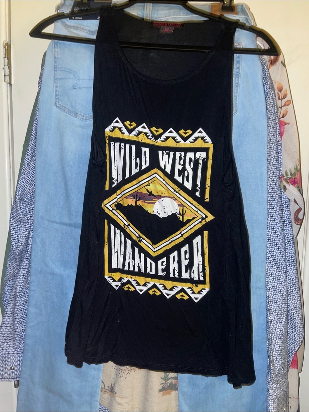 Women’s medium Rock & Roll Cowgirl Black Tank Top with Yellow and White Graphic